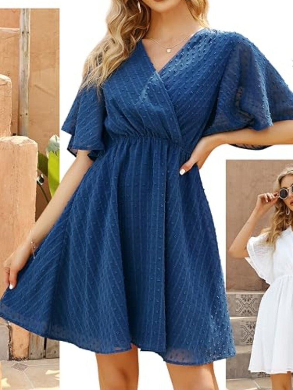 Swiss Dot Mini Dress Bell Short Sleeve V Neck Chiffon Wrap Elastic Waist - Large